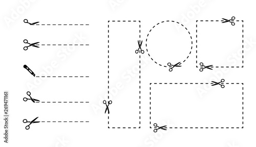 Cut out coupon different shape with scissors. Set of coupon borders. Cut along the dotted line. Cut line and scissors vector illustration