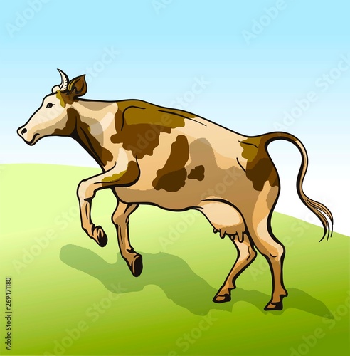 the jumping cow on the meadow on sky background