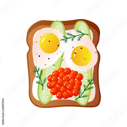 Bread sandwich with two fried eggs and red caviar