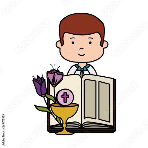 little boy with bible and flowers first communion character