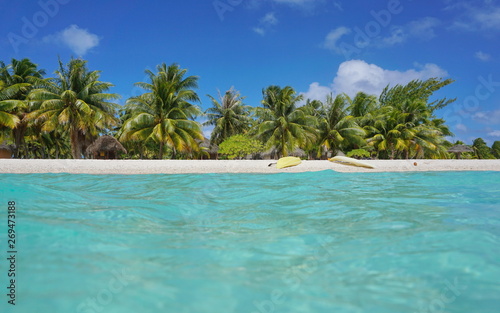 Tropical sea shore with kayaks on the beach and coconut trees with huts, seen from water surface, atoll of Tikehau, Tuamotu, French Polynesia, Pacific ocean