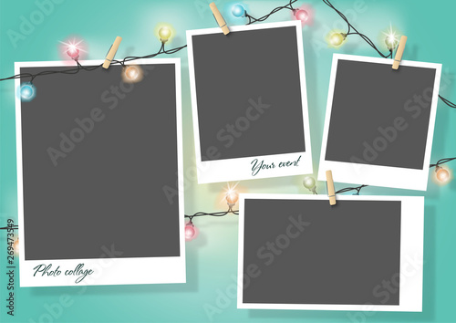 Template for photo collage.Garland from photos. Frames for clipping masks are in the vector file. Template for a photo album