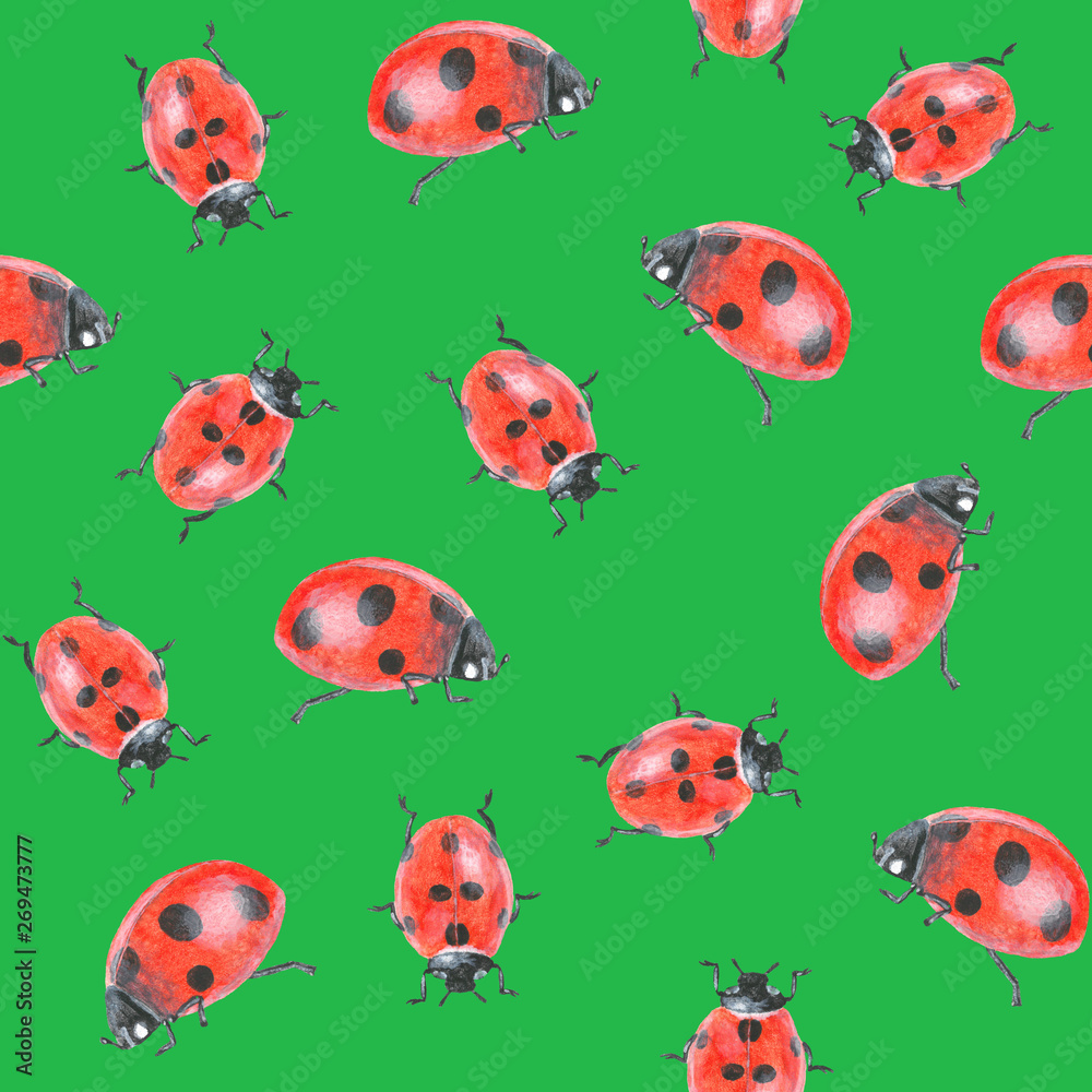 Acrylic drawn ladybugs on green background, seamless pattern