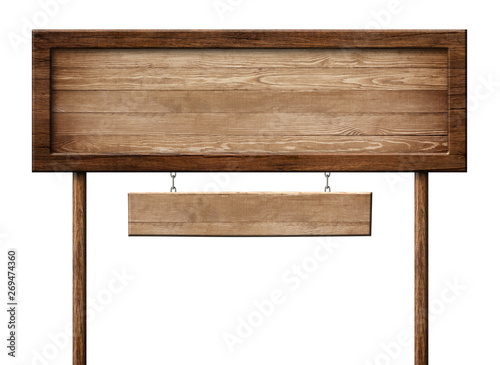 Oblong wooden double signpost with poles and made of natural wood and with dark frame