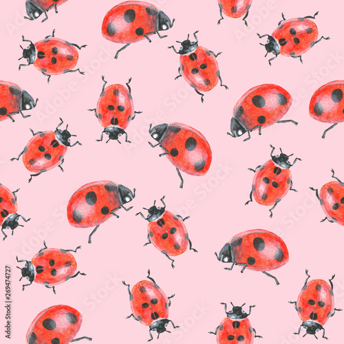 Acrylic drawn ladybugs on light-pink background, seamless pattern