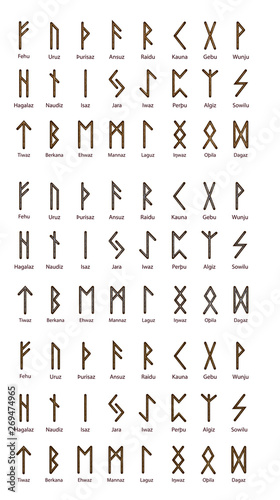 Large set of Scandinavian runes, elegant gold stamping on the surface, pattern