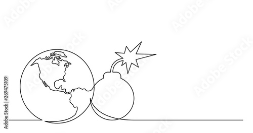 continuous line drawing of world planet with bomb with firing fuze