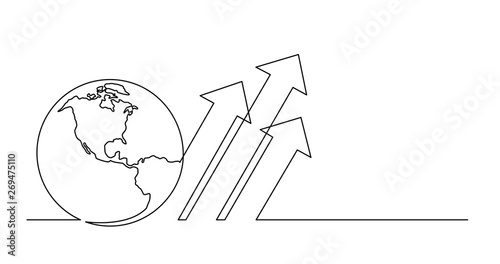 continuous line drawing of world planet with business chart arrows