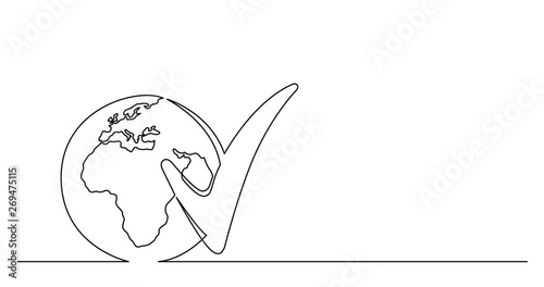 continuous line drawing of world planet with checked mark icon