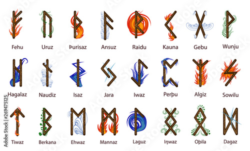Photo A large set of Scandinavian runes, decorated according to the elements of Fire,