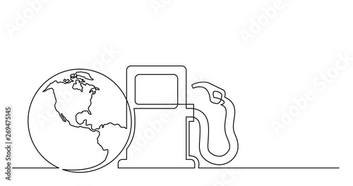 continuous line drawing of world planet with gas petrolium pump