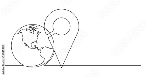 continuous line drawing of world planet with location icon