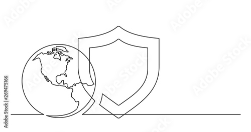 continuous line drawing of world planet with protection security shield icon