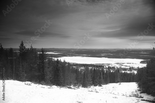Old-fashioned black and white photo from Mount Glommersberget near Glommerstrask in Lapland, Sweden