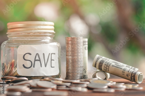 Quadro em tela money stack step up growing growth saving money with icons about business strategy on image, ideas about saving money for future use - business success concept