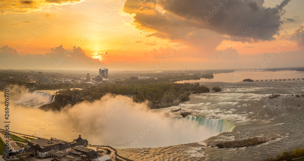Panorama view of Niagara Falls from Canada with beautiful sunrise Panorama view of Niagara Falls from Canada with beautiful sunrise
