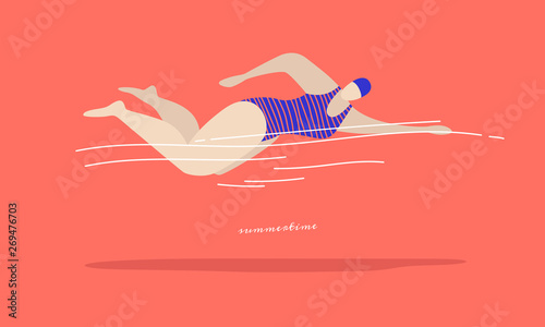 Fast swimming young woman in a striped swimsuit on a coral background. Types of swimming-crawl on the chest. Vector illustration in trendy flat style.