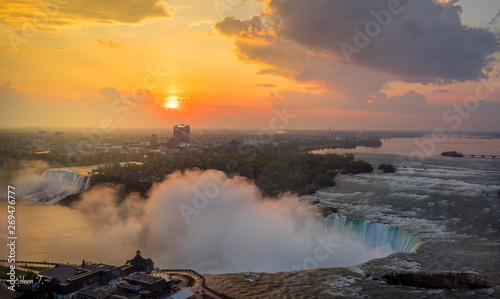 Panorama view of Niagara Falls from Canada with beautiful sunrise