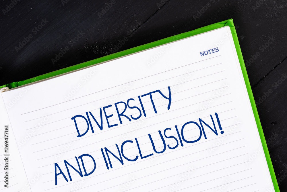 Text sign showing Diversity And Inclusion. Business photo showcasing range huanalysis difference includes race ethnicity gender Close up view corner blank page notebook. Writing ideas projects goals