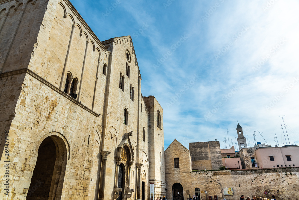 Bari, Italy - March 10, 2019: Facade of the minor basilica of San Nicolas de Bari.
