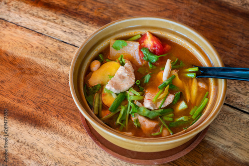 Thai tom Kha Gai, Thai soup with chicken and vegetables.