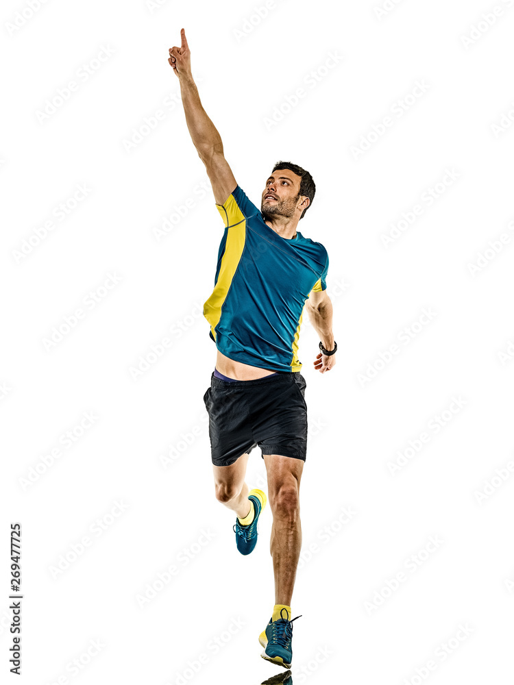 one caucasian handsome mature man running runner jogging jogger isolated on white background one caucasian handsome mature man running runner jogging jogger isolated on white background