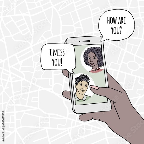 Young couple chatting via social media on their smartphone, concept displaying instant messaging, human hand holding smartphone
