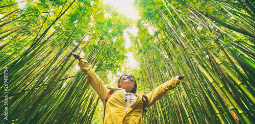 Sustainable eco-friendly travel tourist hiker walking in natural bamboo forest happy with arms up in the air enjoying healthy environment renewable resources.