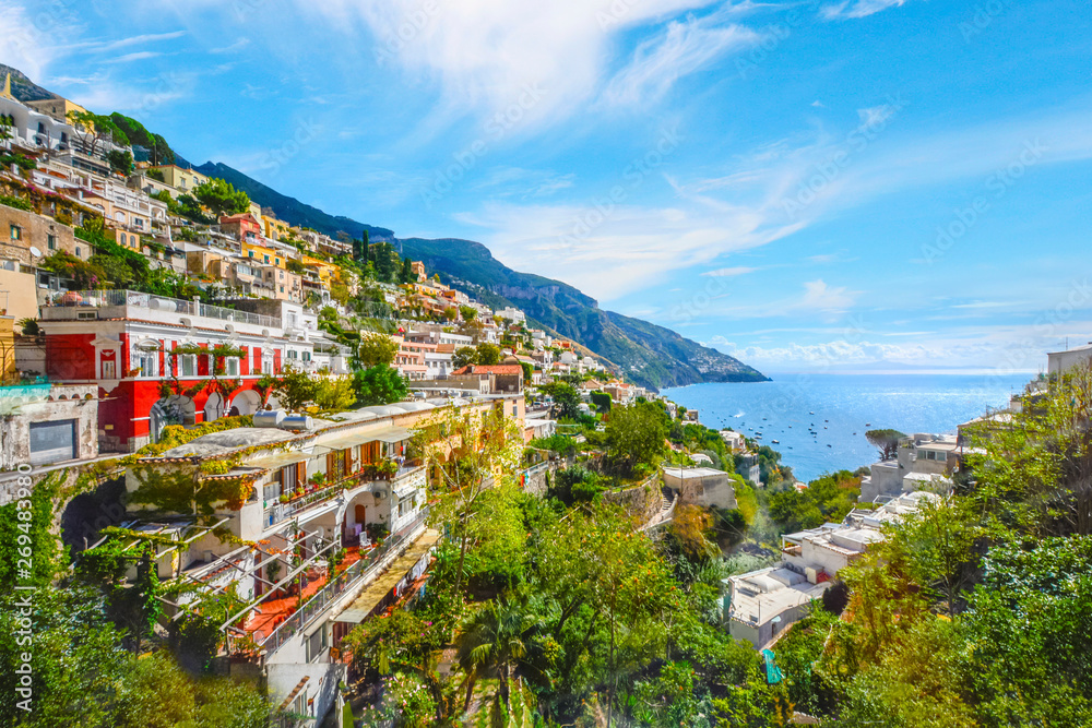 The colorful and vibrant coastline near the city of Positano on the Amalfi Coast in the Campania region of Southern Italy.