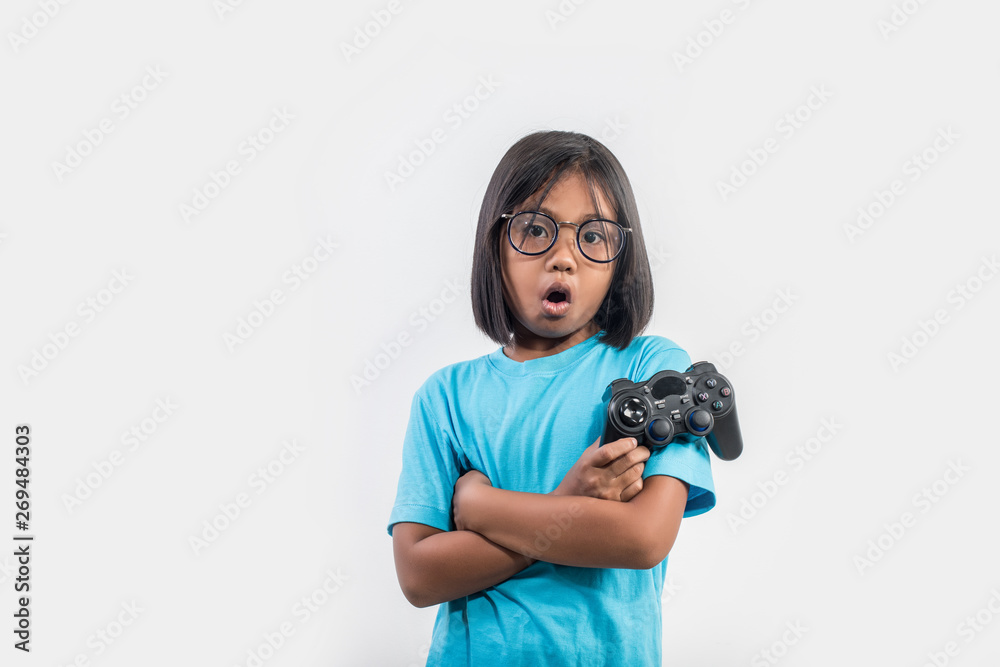 Portrait of little girl with joystick gamer Portrait of little girl with joystick gamer