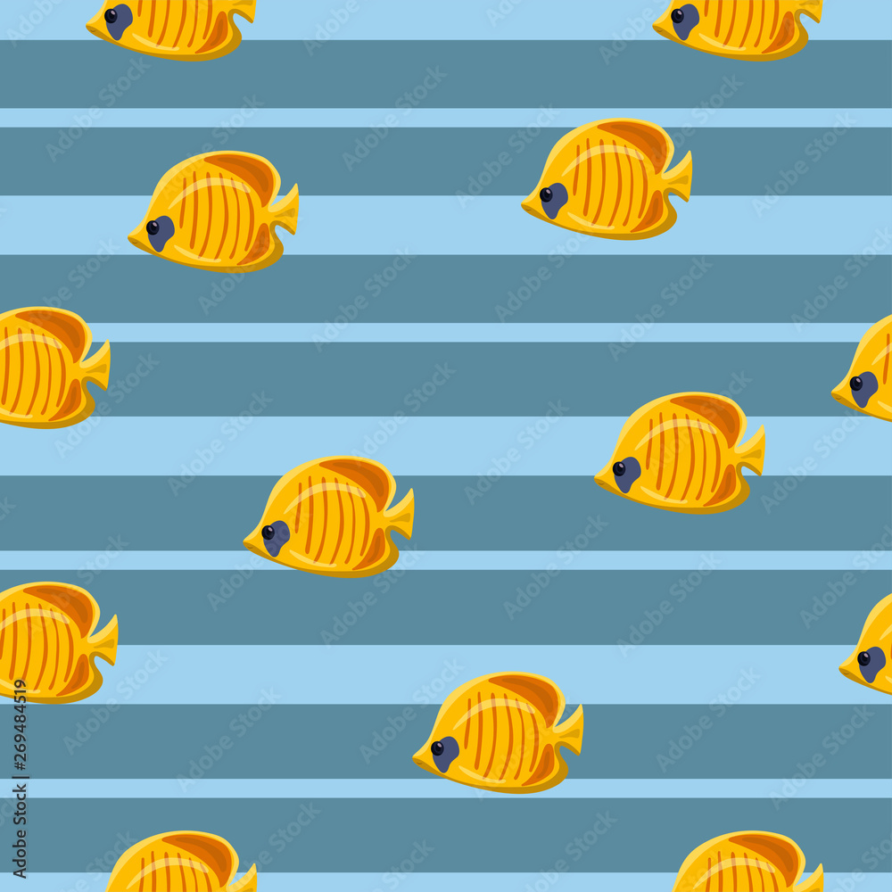 Seamless pattern with yellow tropical sea fishes on blue background. Vector illustration.