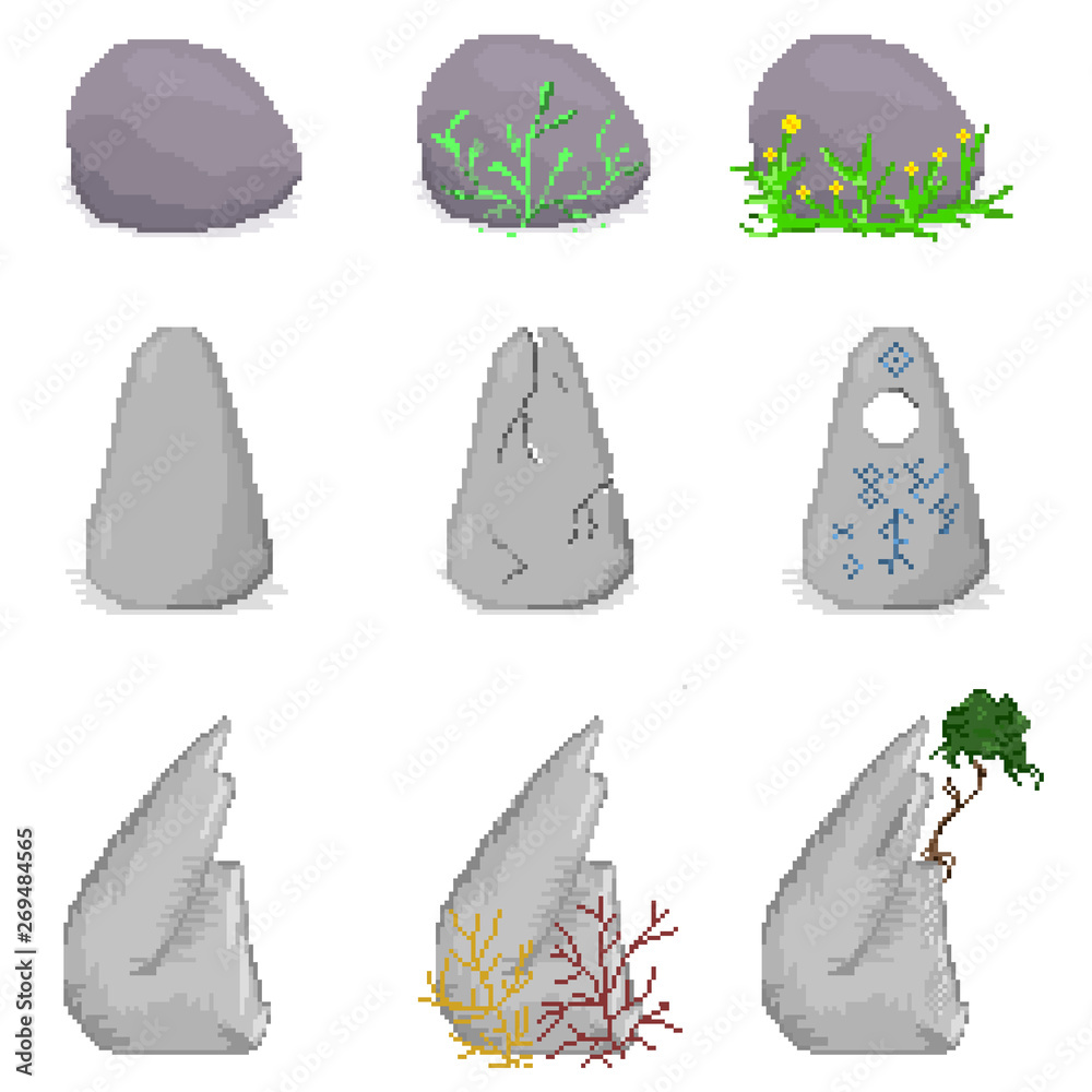 Stones, rocks, pixel art illustration. Set of drawn stones in pixel art style, isolated background Stones, rocks, pixel art illustration. Set of drawn stones in pixel art style, isolated background