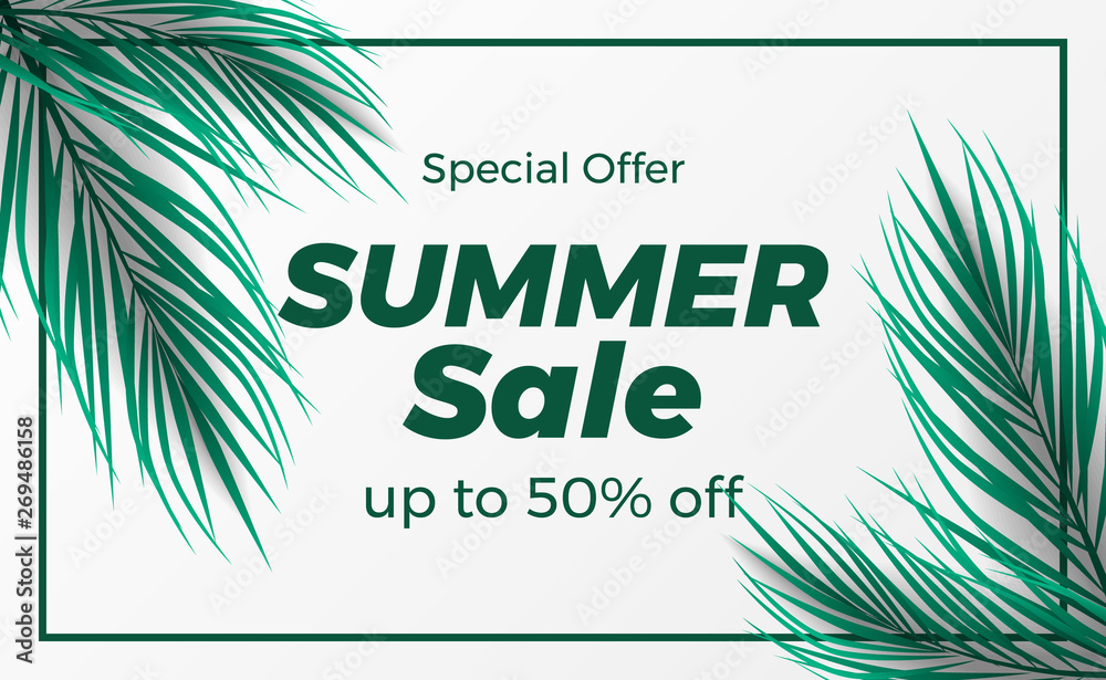 Summer holiday sale offer discount poster banner template with palm leaves