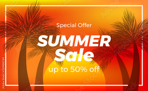 Summer holiday sale offer discount poster banner template with orange sunset beach palm