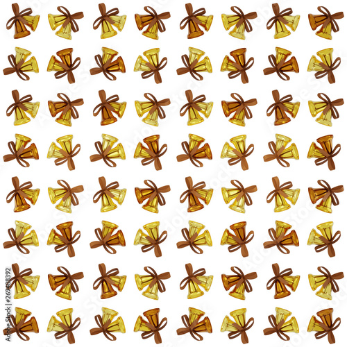 Amber Yellow Colors Wrapping Paper Seamless Pattern, Illustration With Christmas Bells 3D Render, Orthographic Camera ..