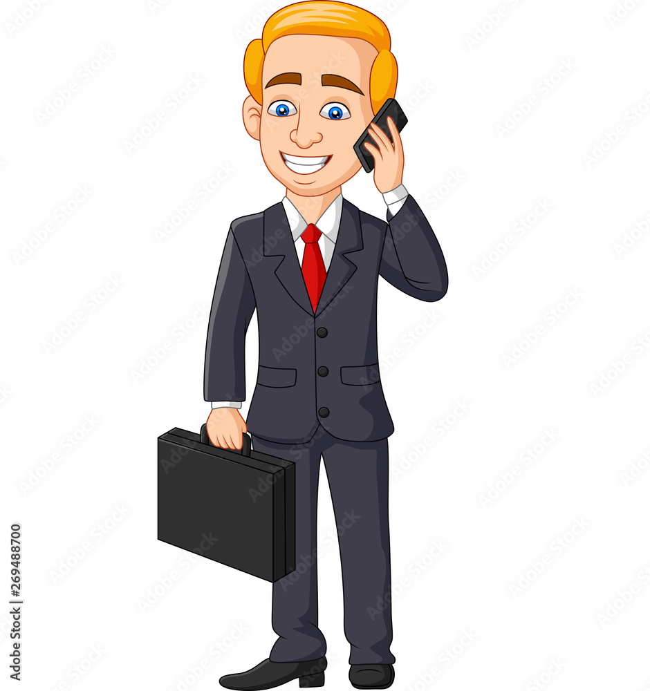 Cartoon Businessman talking on phone holding folder briefcase Stock Vector  | Adobe Stock