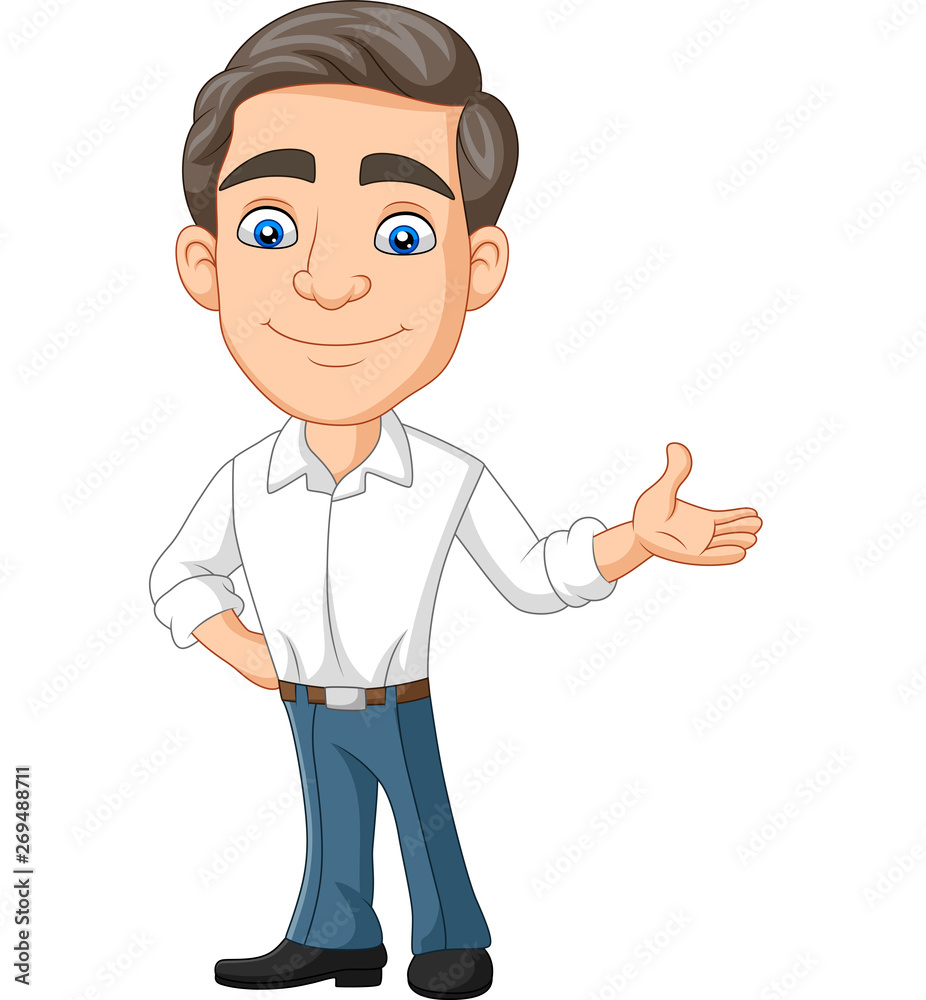 Cartoon happy young businessman presenting Cartoon happy young businessman presenting