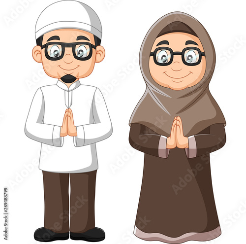 Cartoon old Muslim couple on white background