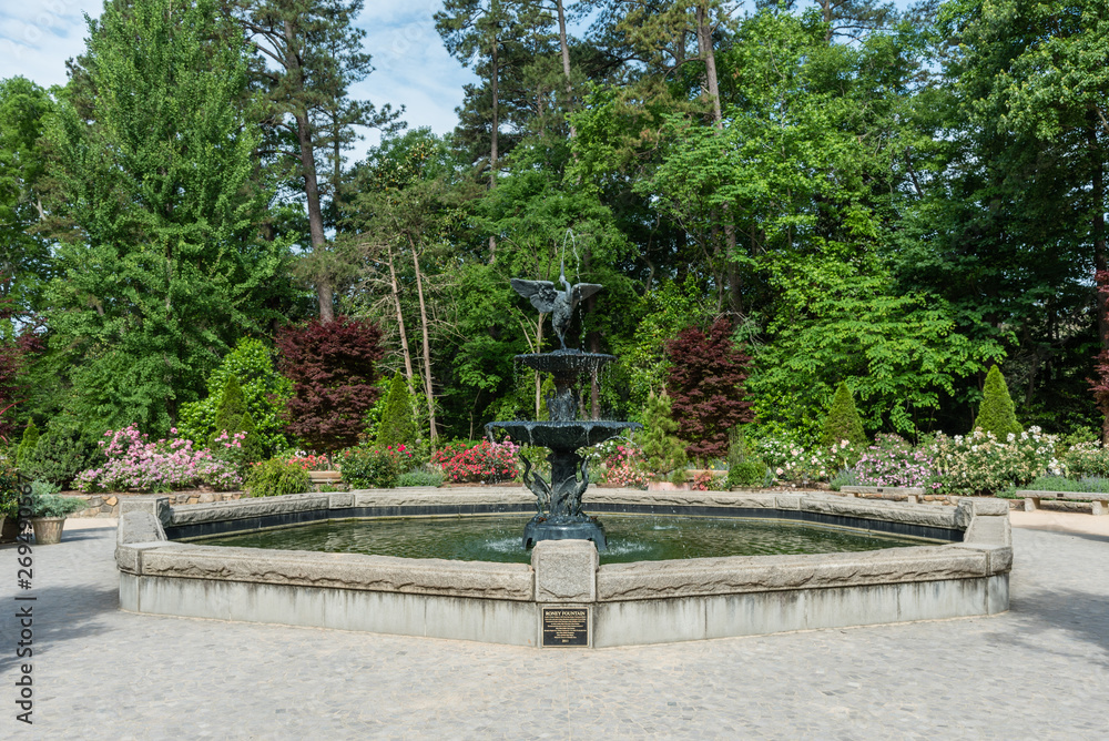 Beautiful fountain in a botanical garden in springtime in Durham, North Carolina