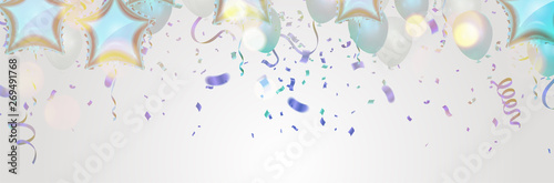 Birthday balloons template illustration. Confetti and ribbons, Celebration background