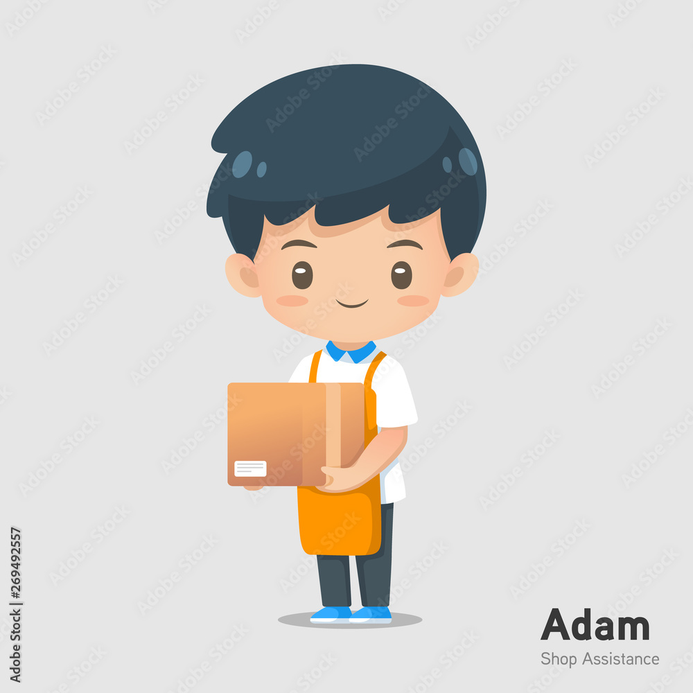 Cute cartoon shop assistance mascot wear apron in carry a box action use for illustration Cute cartoon shop assistance mascot wear apron in carry a box action use for illustration
