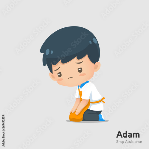 Cute cartoon shop assistance mascot wear apron in sorry action use for illustration