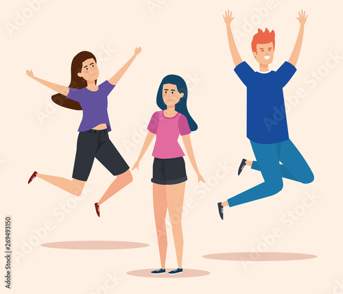 girls and boy jumping with casual clothes