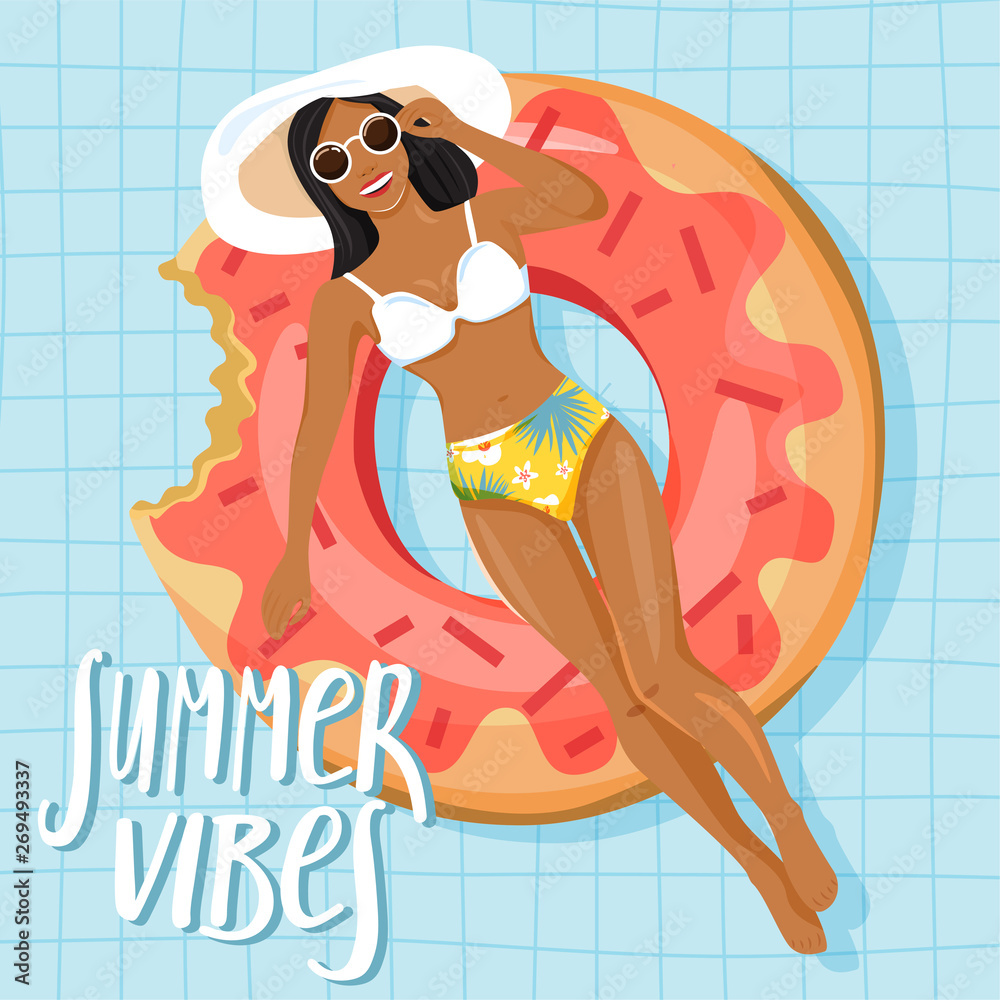Beautiful woman floating and sunbathing on inflatable ring in the shape of donut in swimming pool. Summer rest and vacation. Vector illustration.