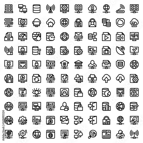Set of outline-style icons with the concept of data communication and computer networks.