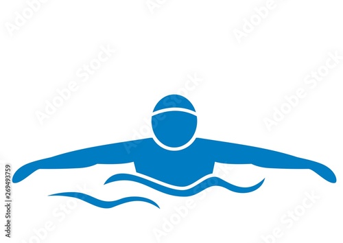 Swimmer, blue silhouette of man, vector icon. Concept for swimming activities.