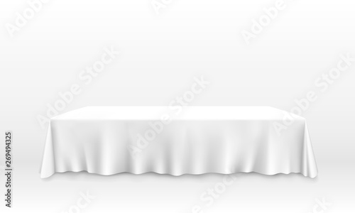 Table with tablecloth art banner, white background.