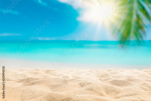 Fototapeta Naklejka Na Ścianę i Meble -   Sunny tropical beach with palm trees and turquoise water, caribbean island vacation, hot summer day