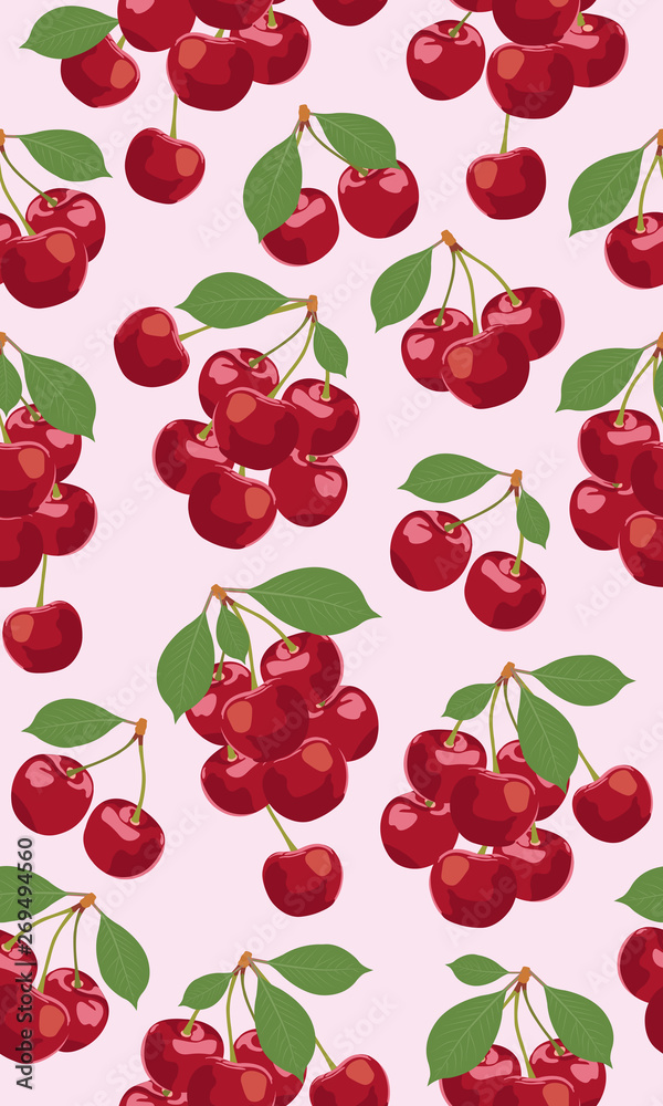 Seamless pattern bunch of cherry fruits, Fresh organic food, Red fruits berry pattern on pink. Vector illustration. Seamless pattern bunch of cherry fruits, Fresh organic food, Red fruits berry pattern on pink. Vector illustration.
