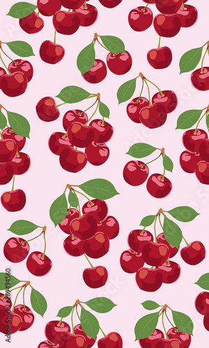 Seamless pattern bunch of cherry fruits, Fresh organic food, Red fruits berry pattern on pink. Vector illustration.